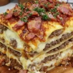home Delicious Parmesan Garlic Bacon Cheeseburger Lasagna layered with cheese and bacon