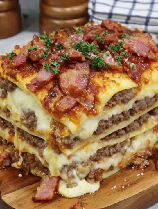 Delicious Parmesan Garlic Bacon Cheeseburger Lasagna layered with cheese and bacon