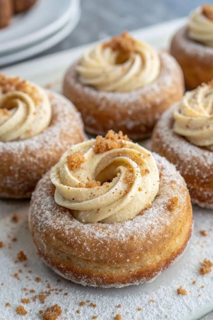 Delicious Pumpkin Spice Cheesecake Doughnuts topped with cream and sprinkles