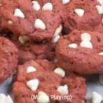 Red velvet cookies made from cake mix, garnished with cream cheese frosting.