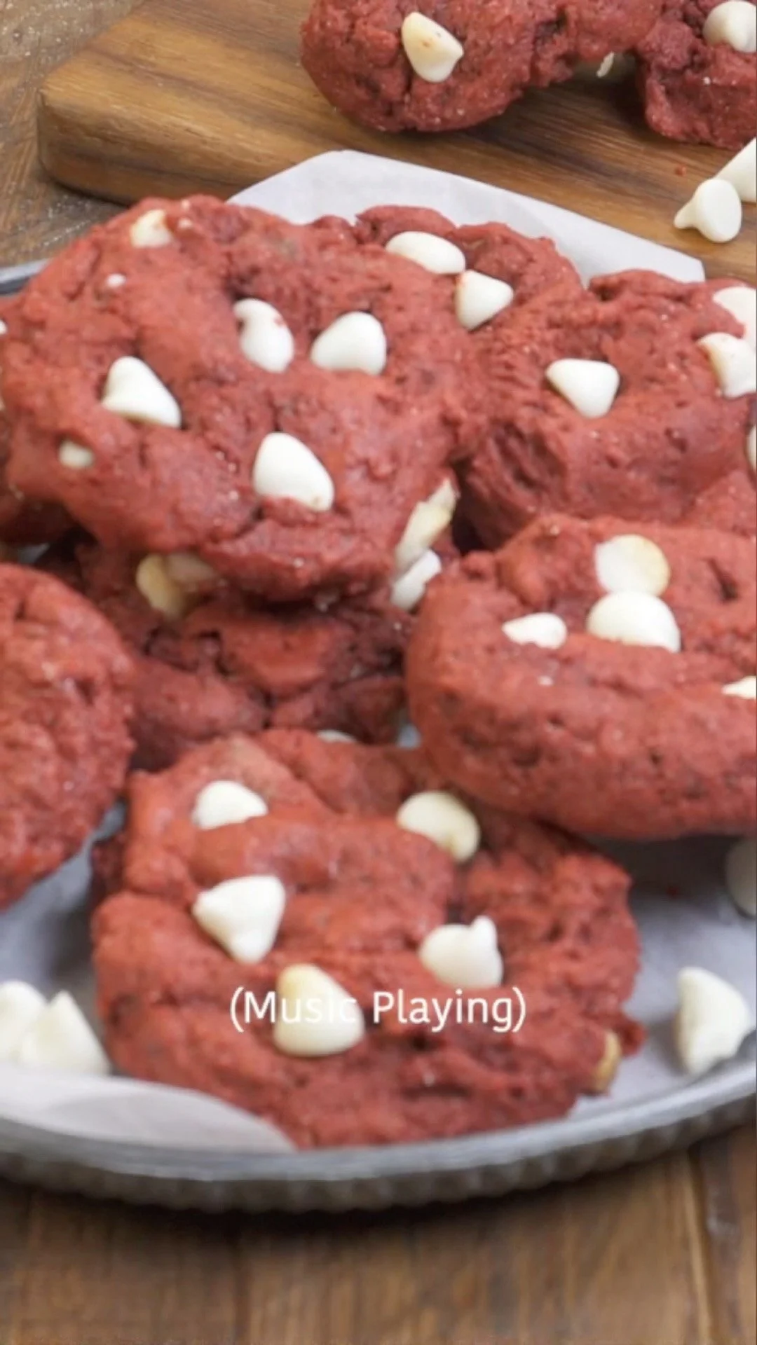 Red velvet cookies made from cake mix, garnished with cream cheese frosting.