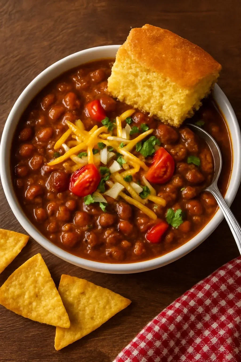 Bowl of roasted poblano pepper beef chili garnished with cilantro and cheese