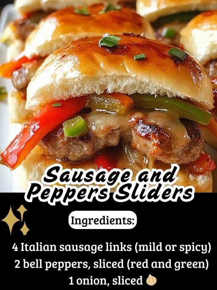 Sausage and peppers sliders served on a wooden platter