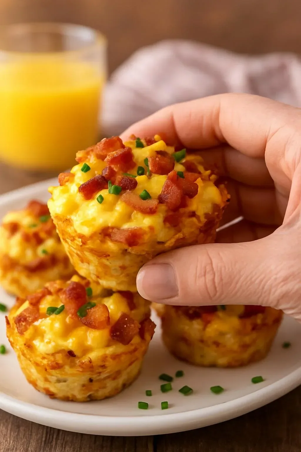 Scrambled egg hash brown cups served on a plate with fresh herbs.