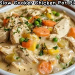 Delicious slow cooker chicken pot pie served in a bowl with herbs on top.