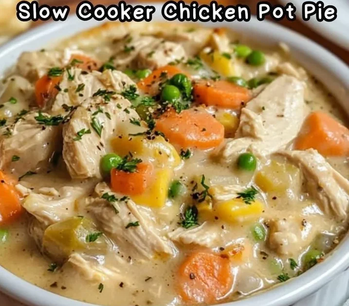 Delicious slow cooker chicken pot pie served in a bowl with herbs on top.