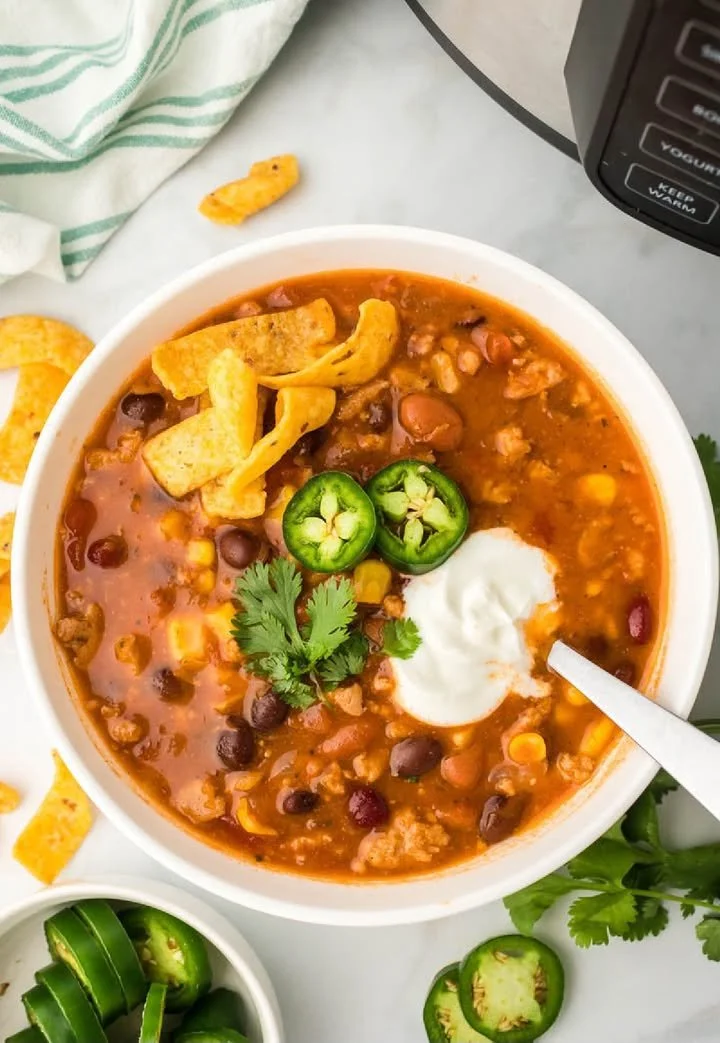 Bowl of flavorful slow cooker taco soup topped with avocado and cilantro
