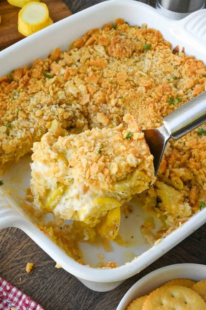 Deliciously prepared squash casserole in a baking dish.