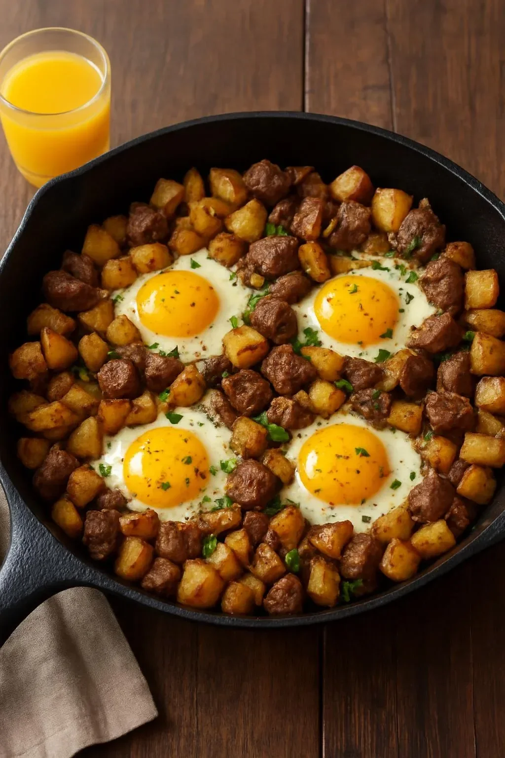 Steak and potato breakfast hash served in a bowl with fresh herbs
