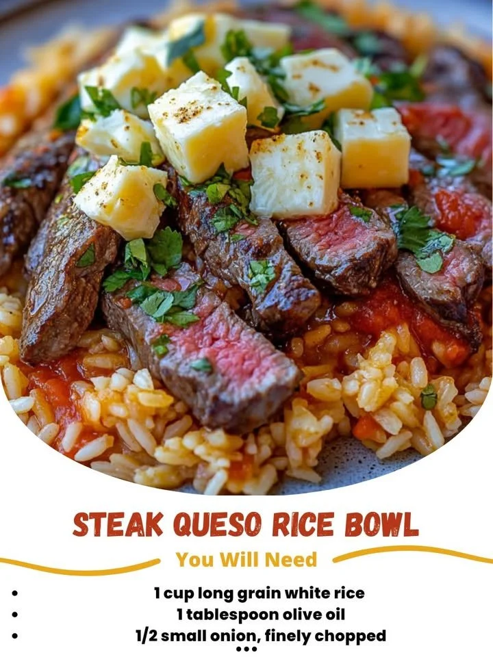 Delicious Steak Queso Rice Bowl with grilled steak, queso, and rice