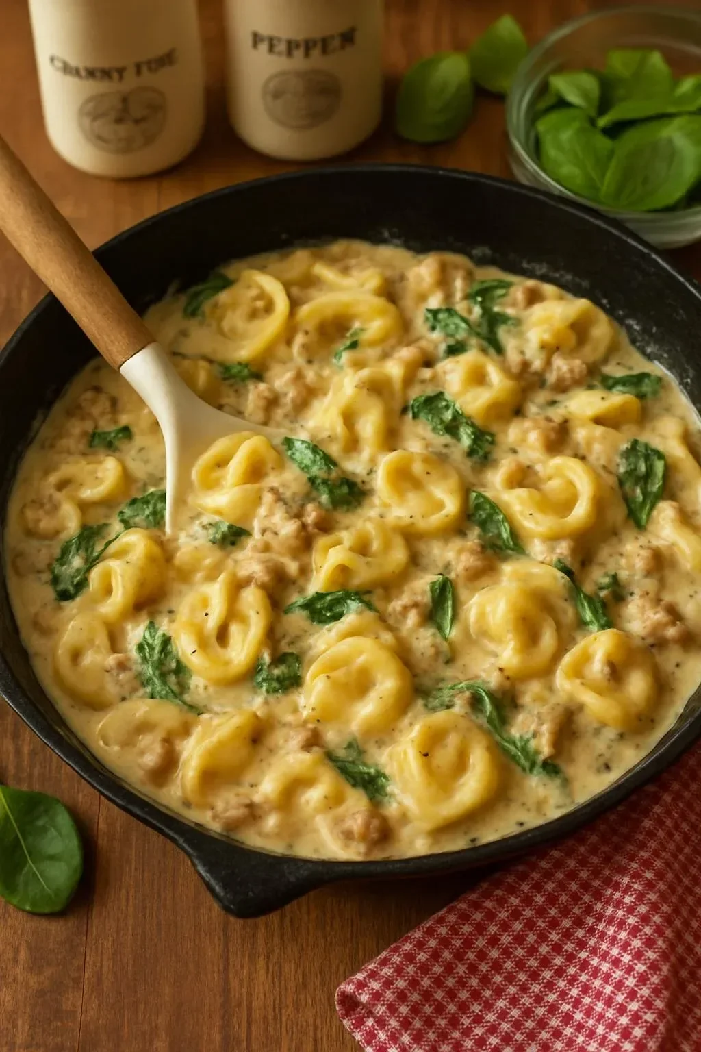 Tortellini and Sausage Skillet served in a pan
