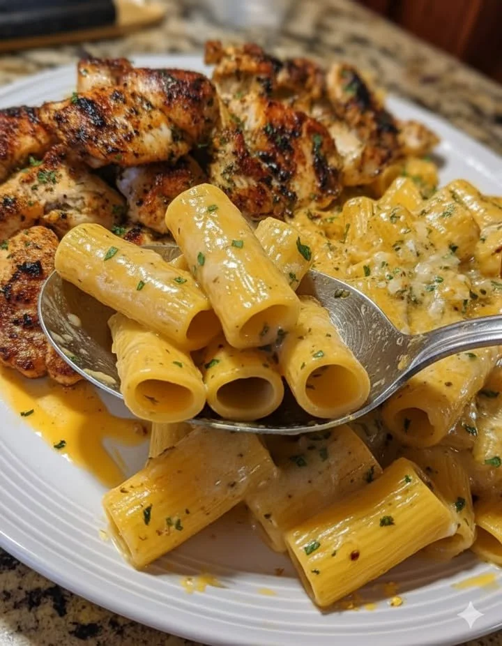 Velveeta Chicken Rigatoni in a creamy four-cheese sauce on a plate