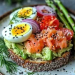 Avocado toast topped with asparagus, smoked salmon, and eggs on a wooden board.