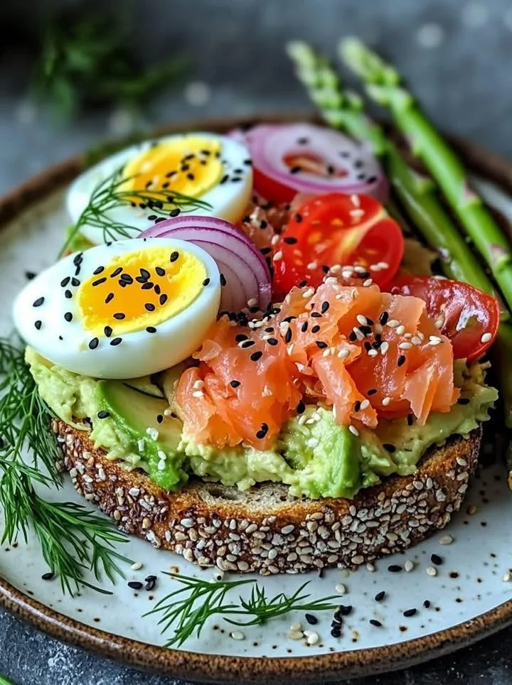 Avocado toast topped with asparagus, smoked salmon, and eggs on a wooden board.