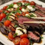 home Balsamic Caprese Grilled Flank Steak garnished with fresh basil and tomatoes