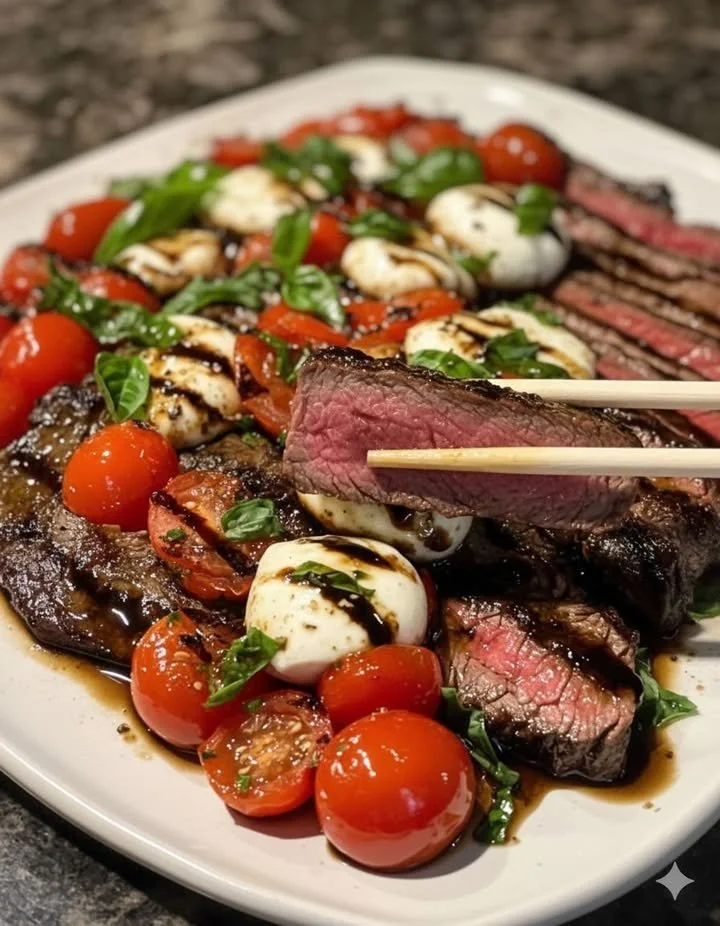 home Balsamic Caprese Grilled Flank Steak garnished with fresh basil and tomatoes
