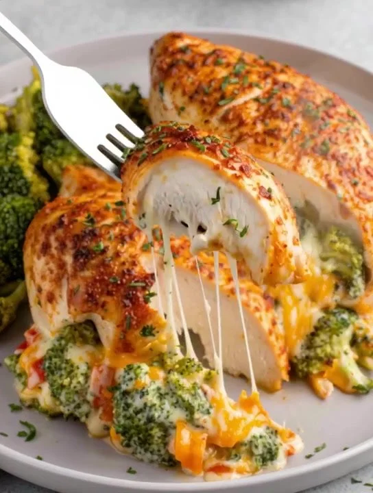 Juicy broccoli cheese stuffed chicken breast served with a side of vegetables