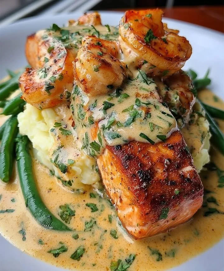 Cajun Shrimp and Salmon served with Garlic Cream Sauce on a plate