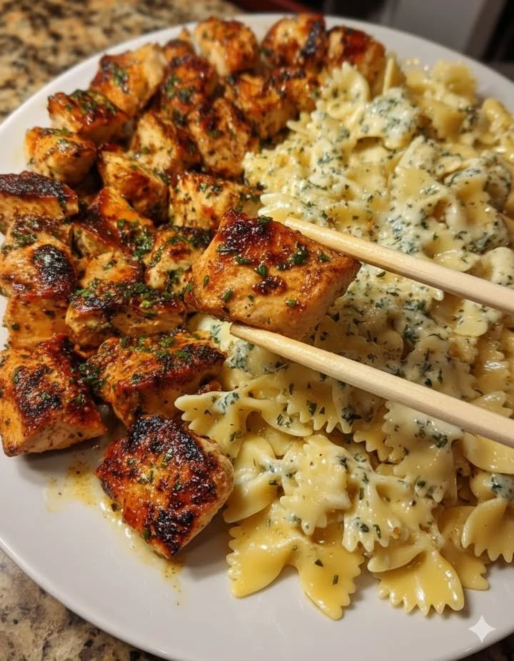 home Cheesy Alfredo bowtie pasta topped with Cajun-spiced garlic chicken.