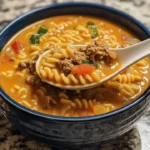 home Bowl of cheesy beef and pasta soup garnished with herbs and cheese