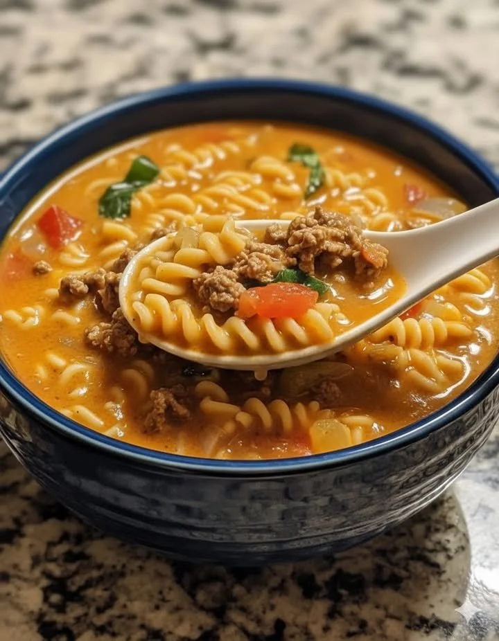 Bowl of cheesy beef and pasta soup garnished with herbs and cheese