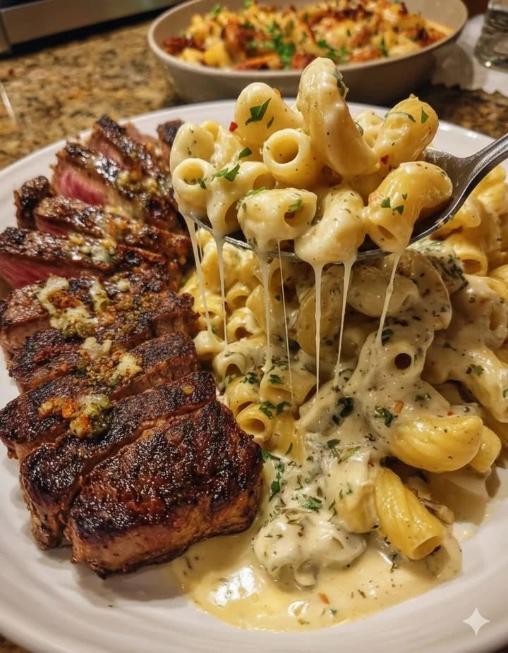 Cheesy Cajun Garlic Butter Steak served with Creamy Rigatoni