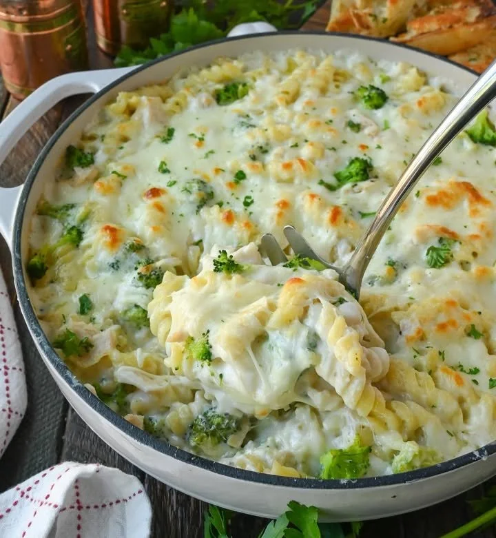 Creamy Chicken and Broccoli Alfredo Bake topped with cheese