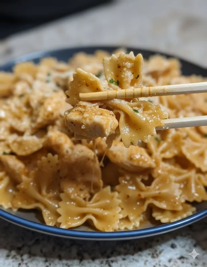 home Classic Alfredo sauce with bowtie pasta on a plate, topped with parsley.