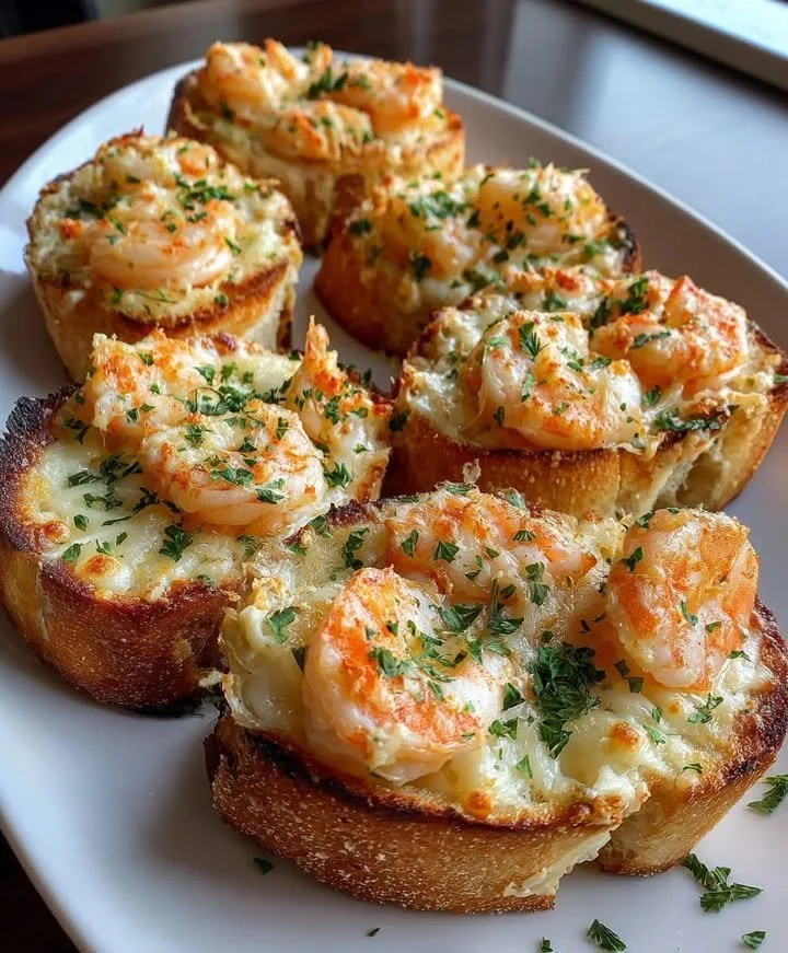 Crabby shrimp-stuffed garlic bread bombs garnished and ready to serve