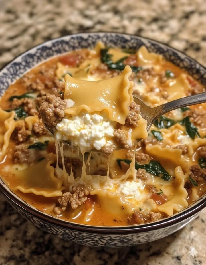 Bowl of creamy Alfredo Lasagna Soup with ground beef and herbs