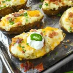 Creamy cheesy mashed potato skins topped with gooey cheese and herbs