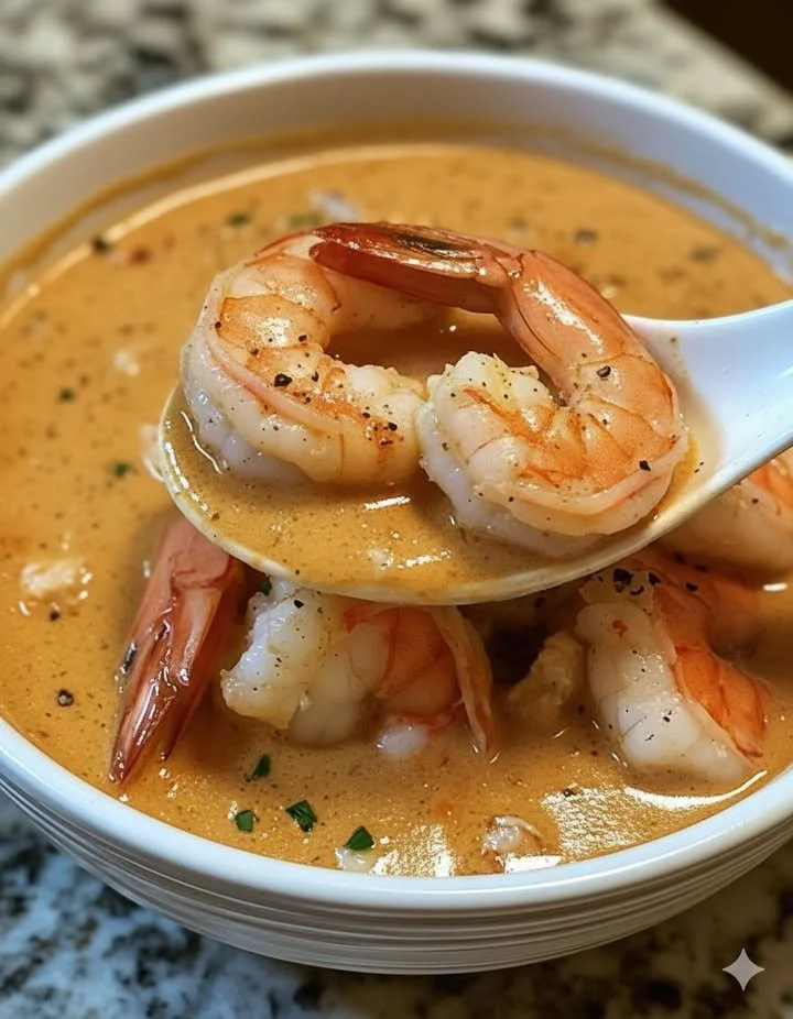 home Creamy crab and shrimp seafood bisque served in a bowl with garnishes.