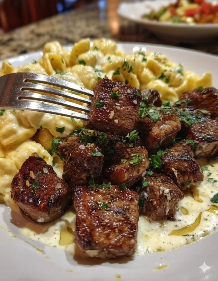 home Creamy garlic Parmesan shells served with tender steak bites on a plate