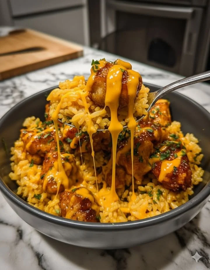 Creamy honey garlic chicken plated over spicy Cajun rice