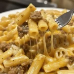 Creamy one-pot beef and cheddar ranch pasta dish served in a bowl