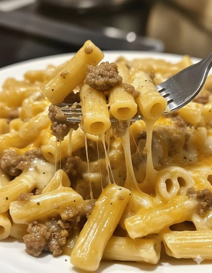 home Creamy one-pot beef and cheddar ranch pasta dish served in a bowl