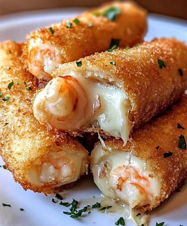 Plate of creamy shrimp cheese rolls garnished with herbs.