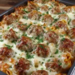 Dump and Bake Meatball Casserole in a baking dish with melted cheese