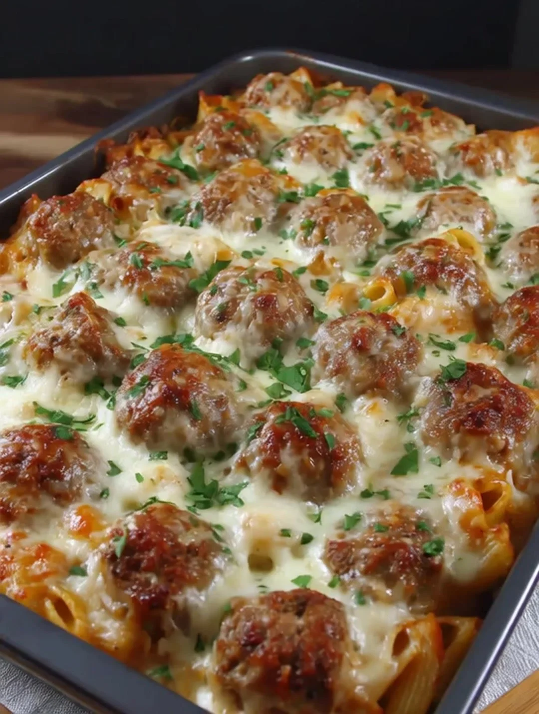 home Dump and Bake Meatball Casserole in a baking dish with melted cheese