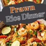 A bowl of easy 30-minute prawn rice topped with fresh herbs and spices.