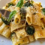 Easy skillet ricotta pasta topped with roasted broccoli in a skillet