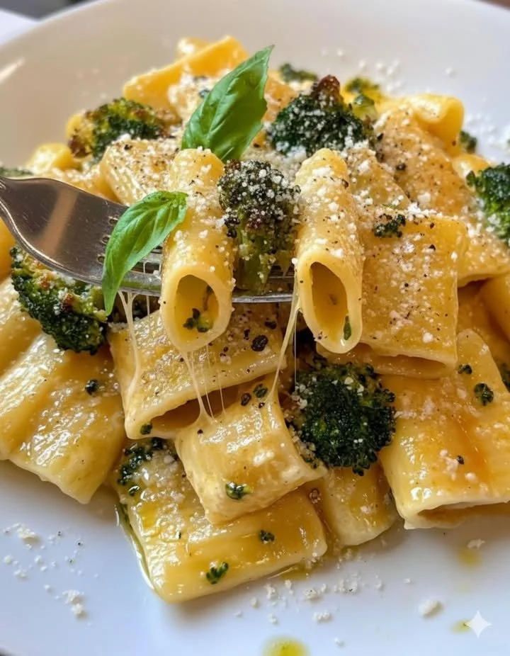 home Easy skillet ricotta pasta topped with roasted broccoli in a skillet