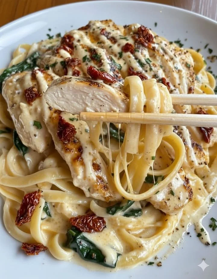 Creamy Fettuccine Alfredo with chicken, sun-dried tomatoes, and spinach in a bowl.