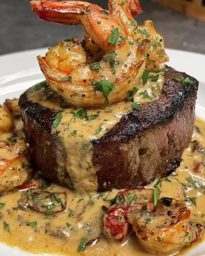 Delicious filet mignon with grilled shrimp and lobster sauce served elegantly.