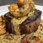 Filet mignon served with grilled shrimp and creamy lobster sauce on a plate.