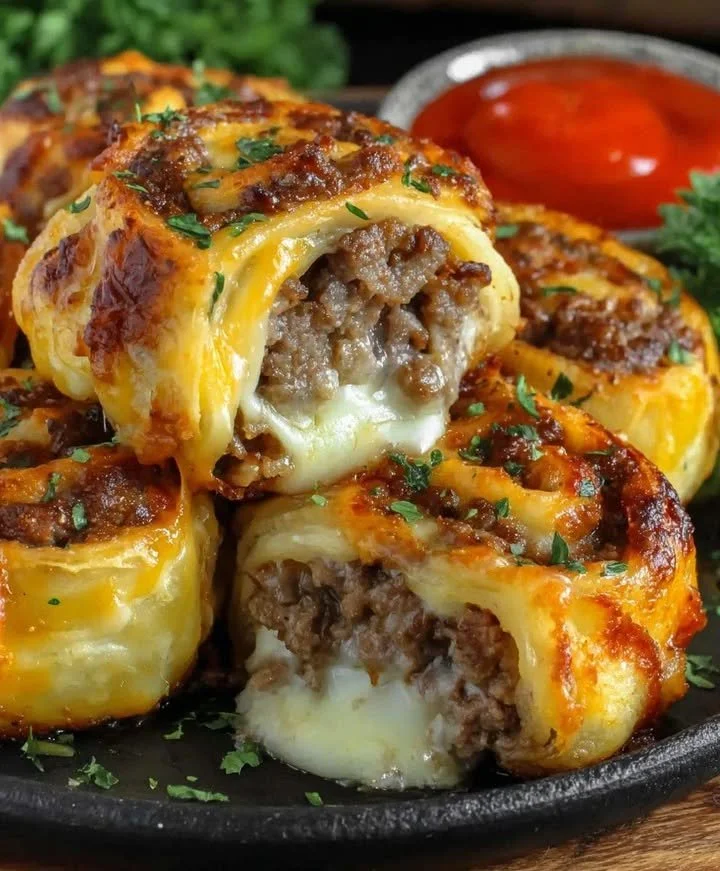 Garlic Butter Bacon Cheeseburger Rollups ready for serving