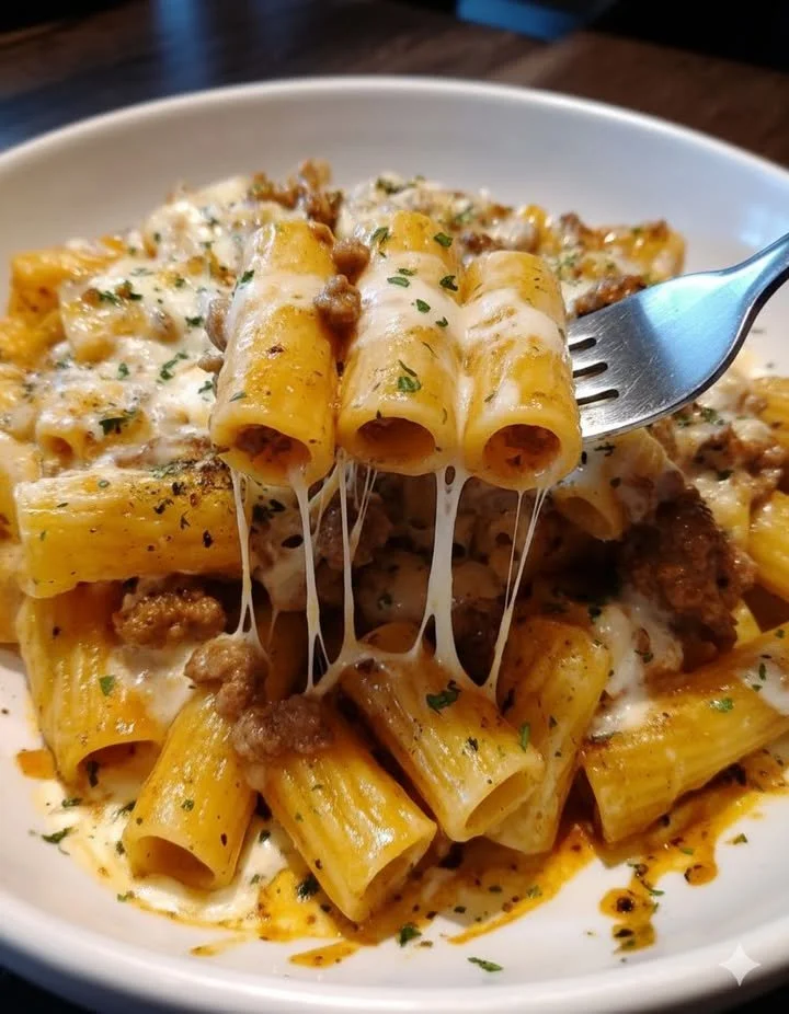 Creamy Garlic Butter Ground Beef Rigatoni topped with cheese in a skillet