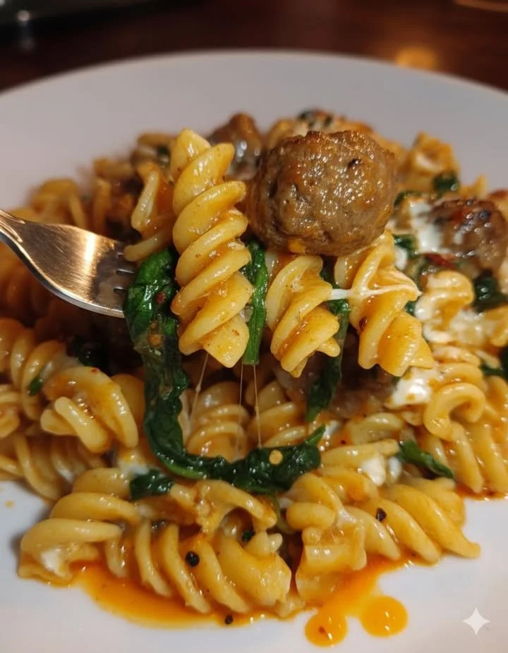 Delicious garlic butter rotini with beef, Italian sausage, and spinach in a bowl