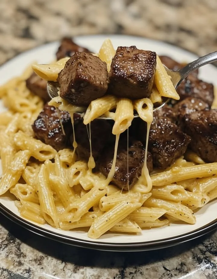Garlic Butter Steak Bites served with Parmesan Cream Penne pasta on a plate