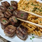 Garlic Butter Steak Bites served with Spicy Ranch Alfredo Rotini Pasta